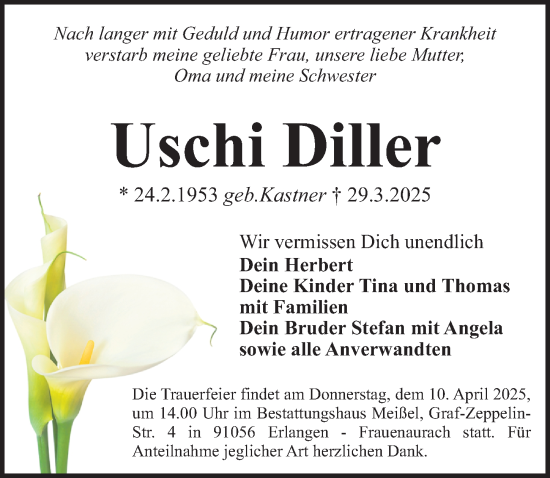 Traueranzeige von Uschi Diller von Erlanger Nachrichten Lokal