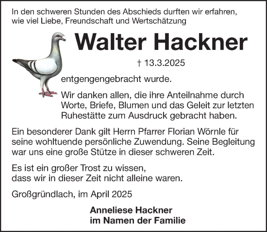 Traueranzeige von Walter Hackner von Gesamtausgabe Nürnberger Nachrichten/ Nürnberger Ztg.