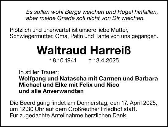 Traueranzeige von Waltraud Harreiß von Gesamtausgabe Nürnberger Nachrichten/ Nürnberger Ztg.