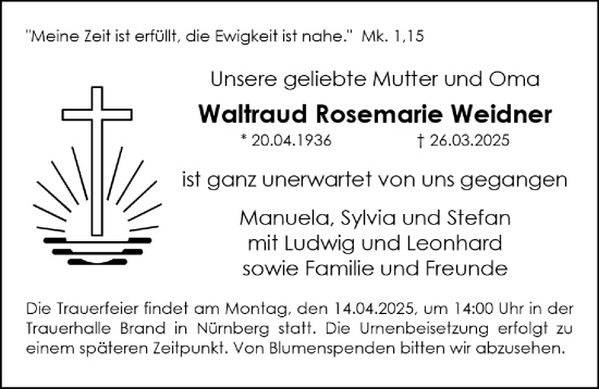 Traueranzeige von Waltraud Rosemarie Weidner von Gesamtausgabe Nürnberger Nachrichten/ Nürnberger Ztg.