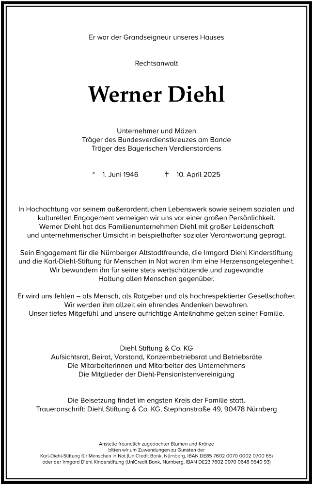  Traueranzeige für Werner Diehl vom 12.04.2025 aus Gesamtausgabe Nürnberger Nachrichten/ Nürnberger Ztg.