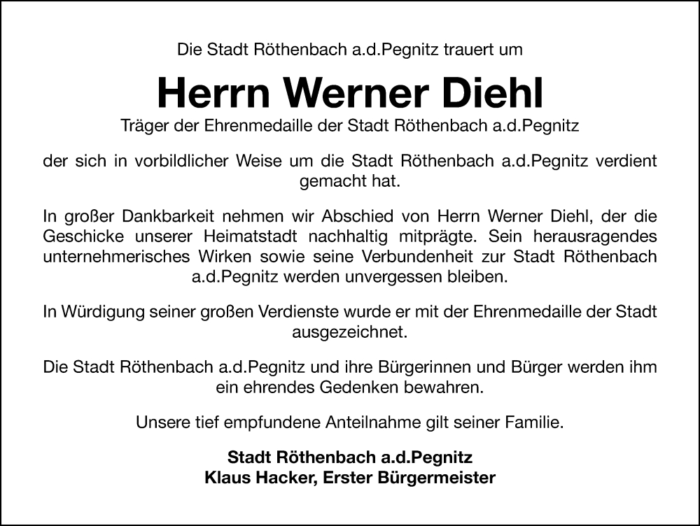  Traueranzeige für Werner Diehl vom 16.04.2025 aus Gesamtausgabe Nürnberger Nachrichten/ Nürnberger Ztg.