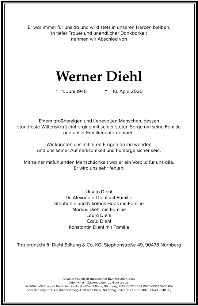  Traueranzeige für Werner Diehl vom 12.04.2025 aus Gesamtausgabe Nürnberger Nachrichten/ Nürnberger Ztg.