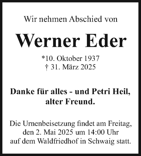 Traueranzeige von Werner Eder von Gesamtausgabe Nürnberger Nachrichten/ Nürnberger Ztg.