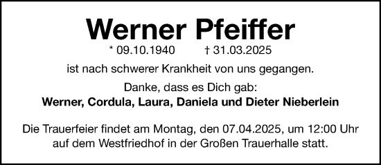 Traueranzeige von Werner Pfeiffer von Gesamtausgabe Nürnberger Nachrichten/ Nürnberger Ztg.