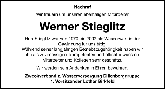 Traueranzeige von Werner Stieglitz von Fürther Nachrichten Lokal