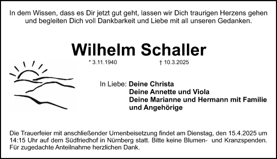 Traueranzeige von Wilhelm Schaller von Gesamtausgabe Nürnberger Nachrichten/ Nürnberger Ztg.