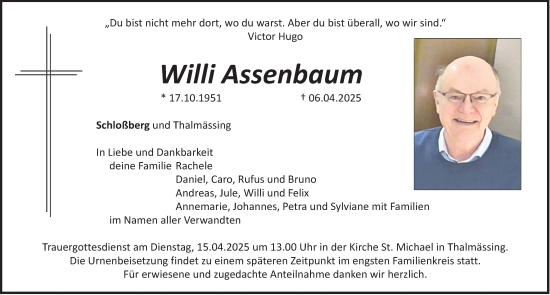 Traueranzeige von Willi Assenbaum von Roth-Hilpoltsteiner Volkszeitung Lokal
