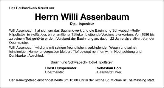 Traueranzeige von Willi Assenbaum von Roth-Hilpoltsteiner Volkszeitung Lokal
