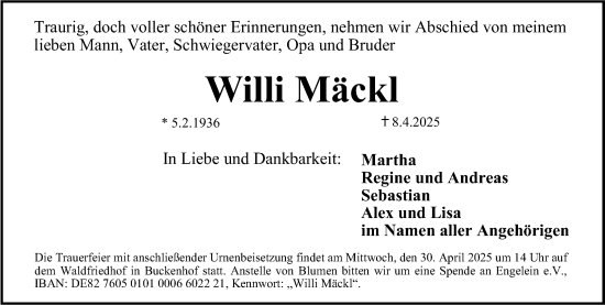 Traueranzeige von Willi Mäckl von Erlanger Nachrichten Lokal