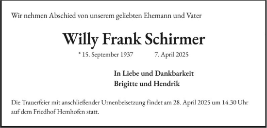 Traueranzeige von Willy Frank Schirmer von Erlanger Nachrichten Lokal