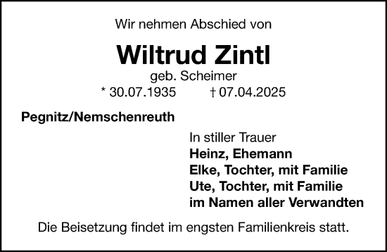 Traueranzeige von Wiltrud Zintl von Gesamtausgabe Nürnberger Nachrichten/ Nürnberger Ztg.