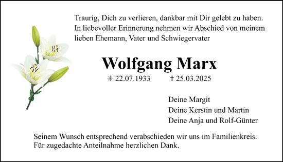 Traueranzeige von Wolfgang Marx von Erlanger Nachrichten Lokal