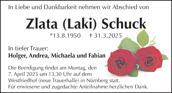Traueranzeige von Zlata Schuck von Gesamtausgabe Nürnberger Nachrichten/ Nürnberger Ztg.
