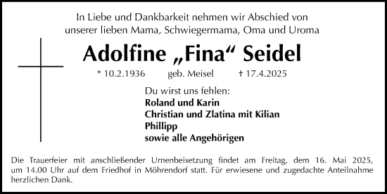 Traueranzeige von Adolfine Seidel von Erlanger Nachrichten Lokal
