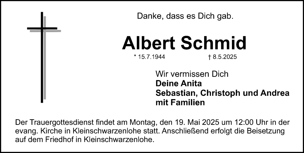  Traueranzeige für Albert Schmid vom 15.05.2025 aus Gesamtausgabe Nürnberger Nachrichten/ Nürnberger Ztg.