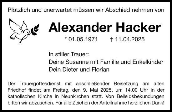 Traueranzeige von Alexander Hacker von Nordbayerische Nachrichten Forchheim Lokal