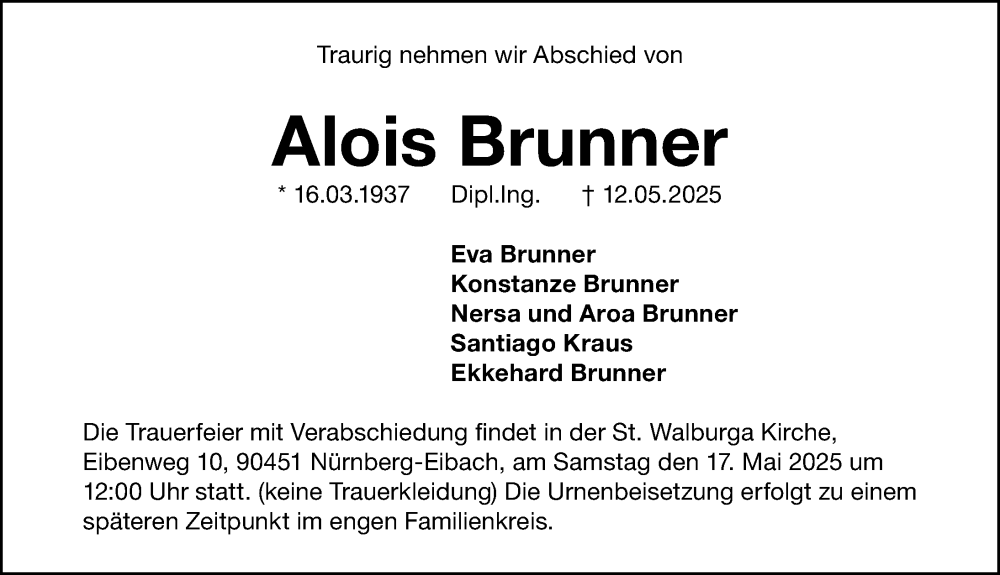  Traueranzeige für Alois Brunner vom 14.05.2025 aus Gesamtausgabe Nürnberger Nachrichten/ Nürnberger Ztg.