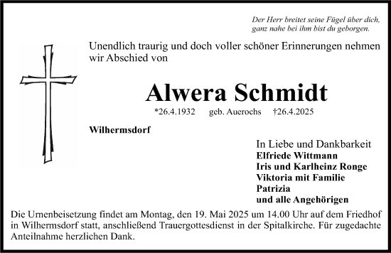 Traueranzeige von Alwera Schmidt von Fürther Nachrichten Lokal