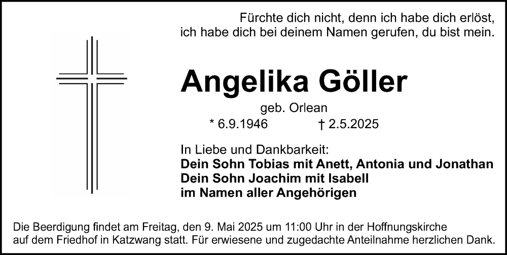  Traueranzeige für Angelika Göller vom 07.05.2025 aus Schwabacher Tagblatt Lokal