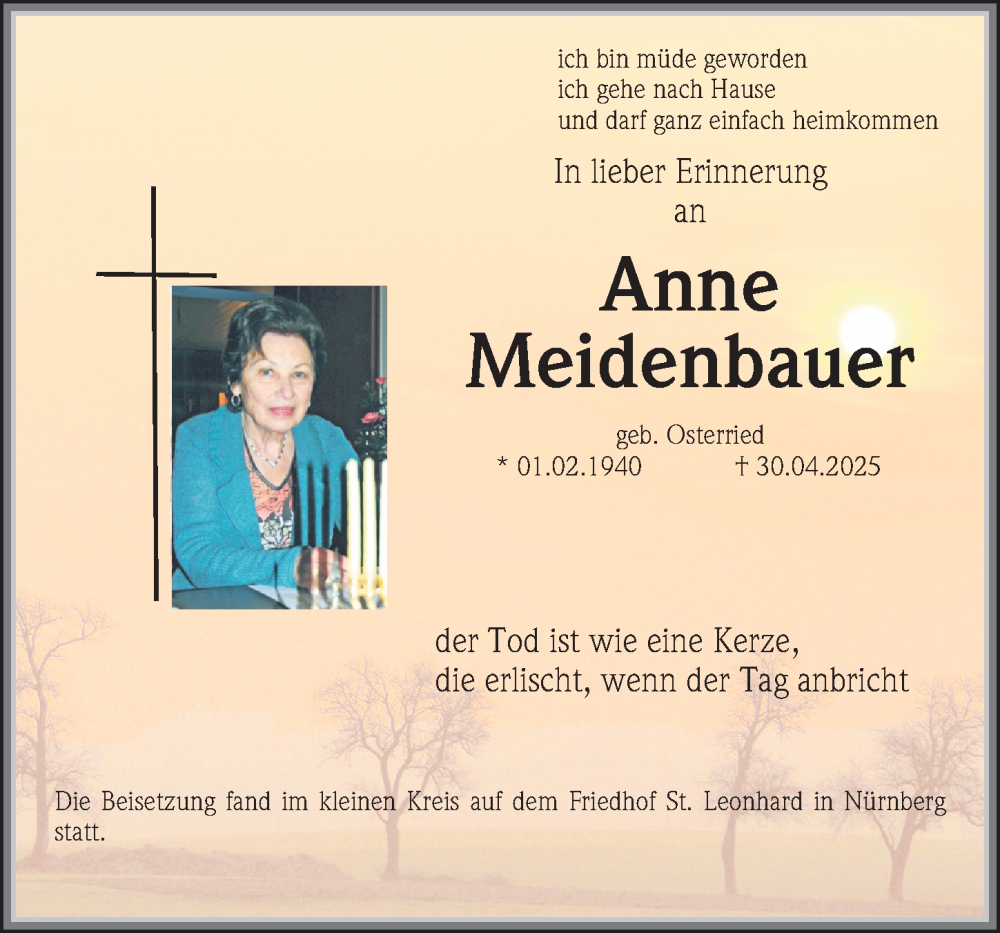  Traueranzeige für Anne Meidenbauer vom 24.05.2025 aus Gesamtausgabe Nürnberger Nachrichten/ Nürnberger Ztg.