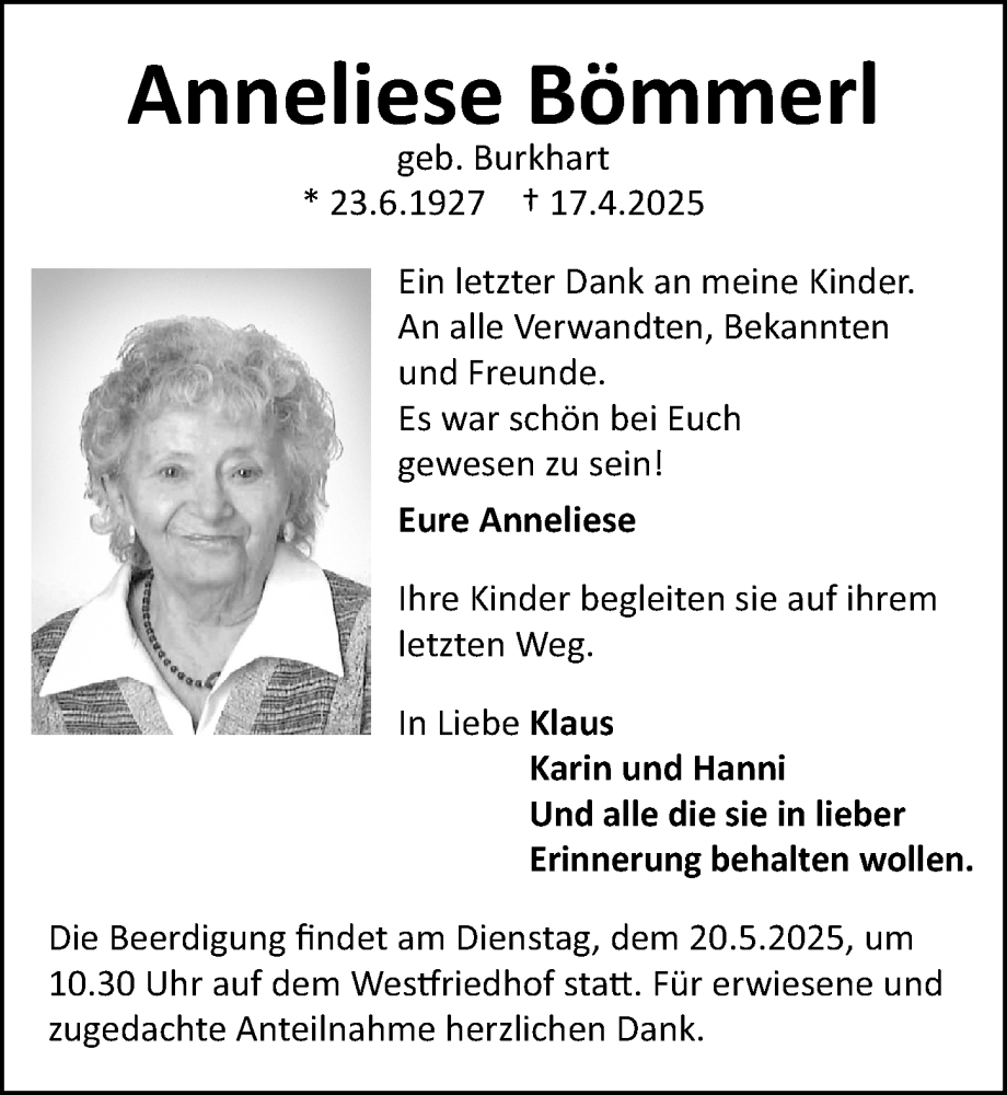  Traueranzeige für Anneliese Bömmerl vom 17.05.2025 aus Gesamtausgabe Nürnberger Nachrichten/ Nürnberger Ztg.