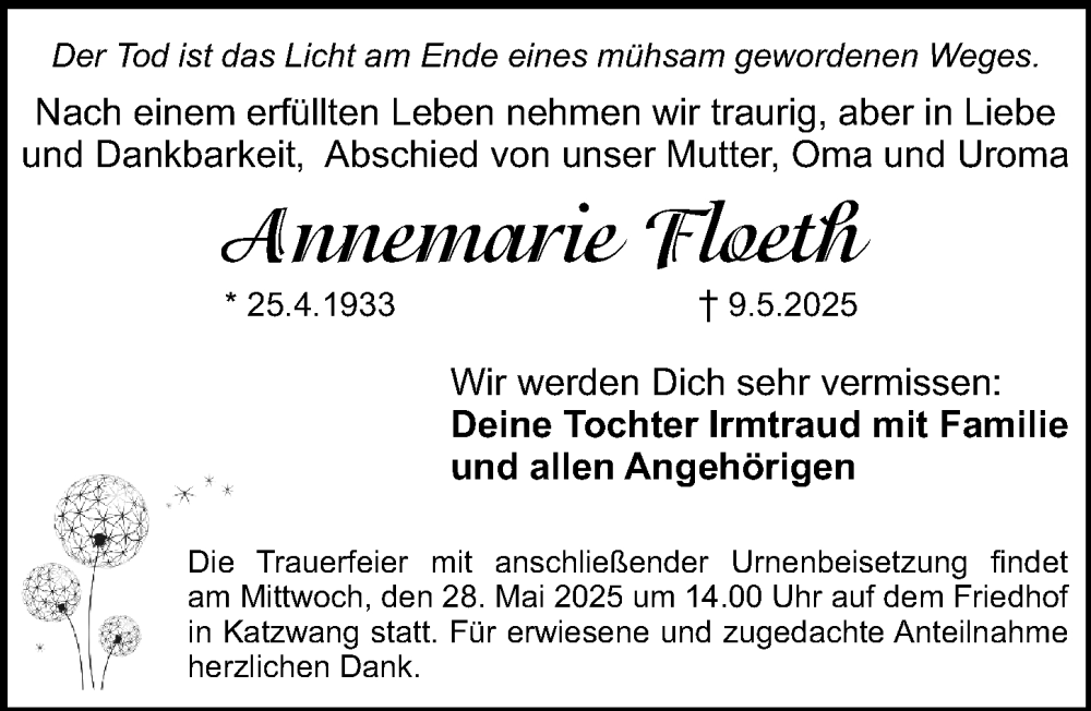  Traueranzeige für Annemarie Floeth vom 24.05.2025 aus Gesamtausgabe Nürnberger Nachrichten/ Nürnberger Ztg.