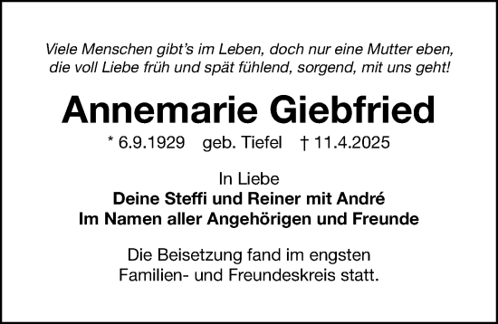 Traueranzeige von Annemarie Giebfried von Fürther Nachrichten Lokal