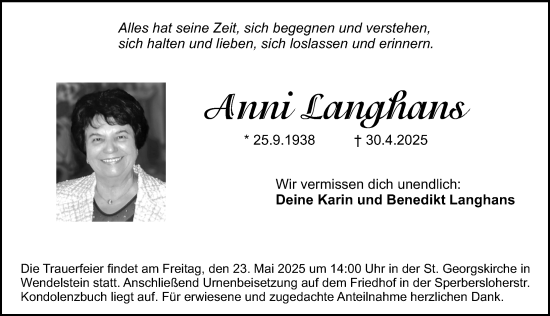 Traueranzeige von Anni Langhans von Schwabacher Tagblatt Lokal