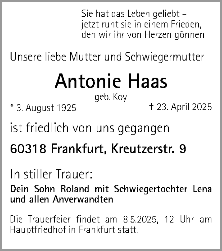  Traueranzeige für Antonie Haas vom 07.05.2025 aus Gesamtausgabe Nürnberger Nachrichten/ Nürnberger Ztg.