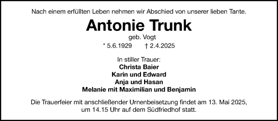 Traueranzeige von Antonie Trunk von Gesamtausgabe Nürnberger Nachrichten/ Nürnberger Ztg.