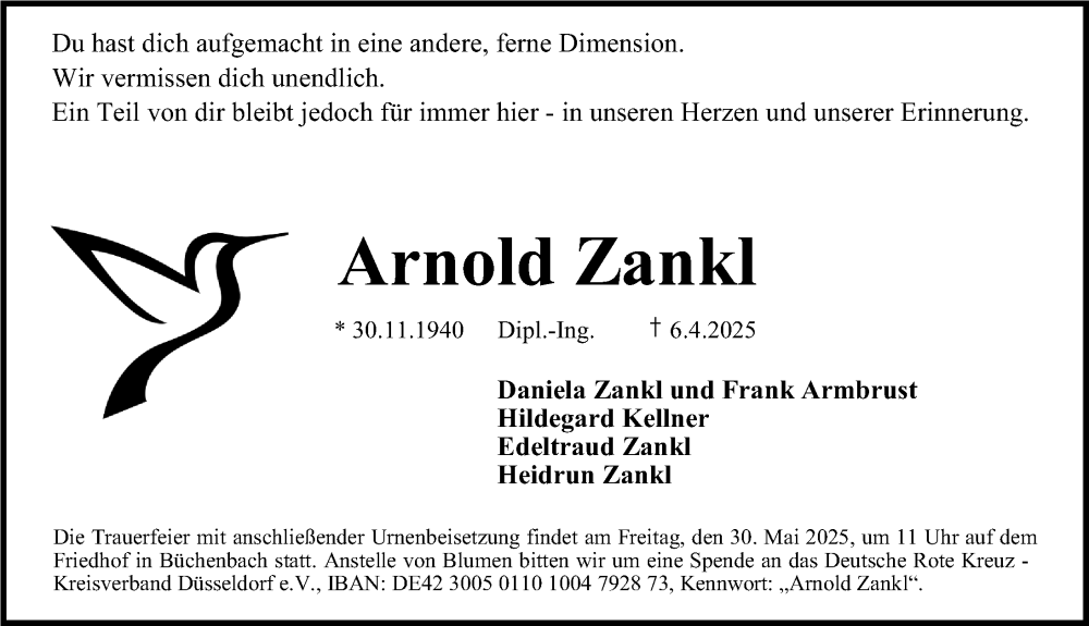  Traueranzeige für Arnold Zankl vom 24.05.2025 aus Erlanger Nachrichten Lokal