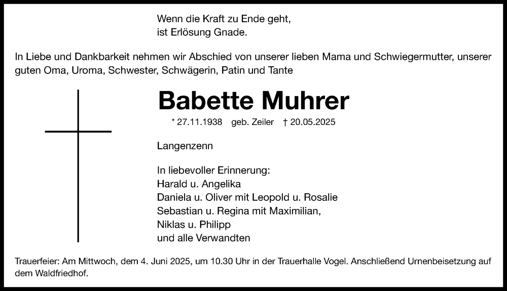  Traueranzeige für Babette Muhrer vom 31.05.2025 aus Fürther Nachrichten Lokal
