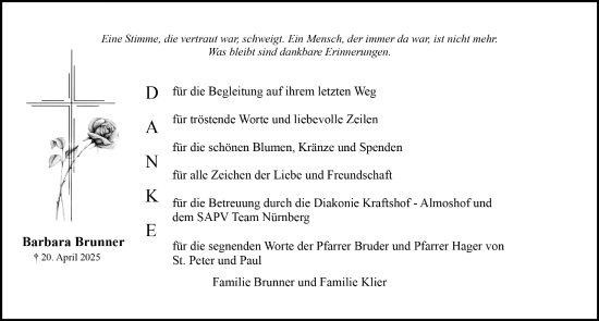 Traueranzeige von Barbara Brunner von Fürther Nachrichten/ Gesamtausgabe Nürnberger Nachrichten/ Nürnberger Ztg.