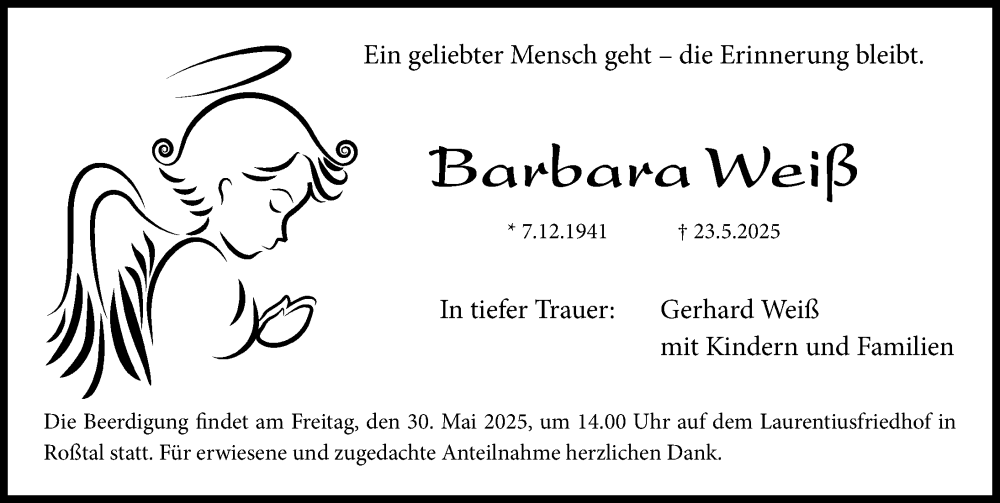  Traueranzeige für Barbara Weiß vom 28.05.2025 aus Fürther Nachrichten Lokal