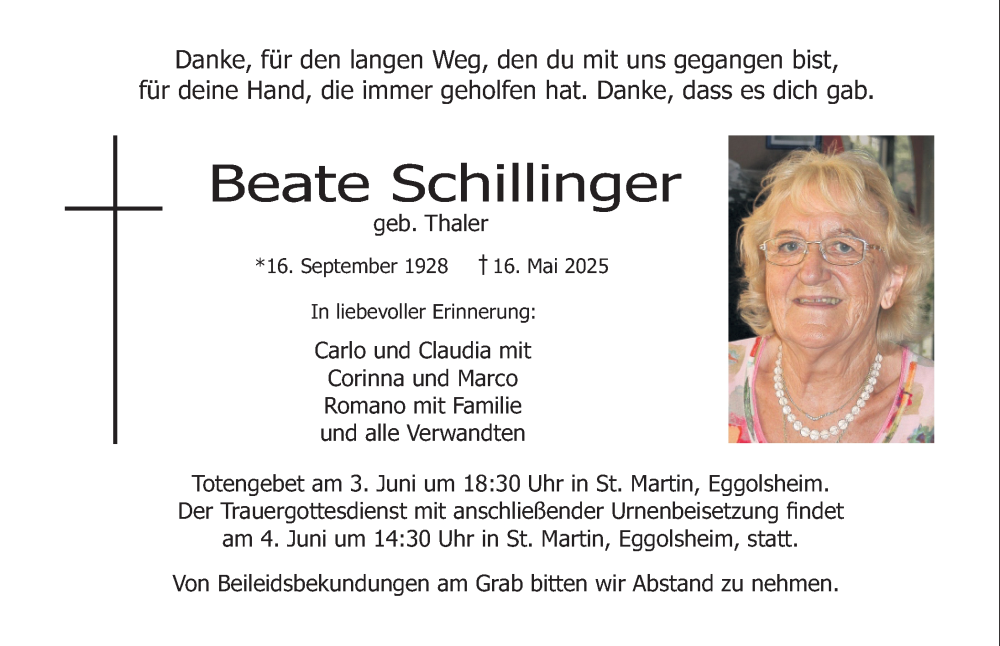  Traueranzeige für Beate Schillinger vom 31.05.2025 aus Nordbayerische Nachrichten Forchheim Lokal