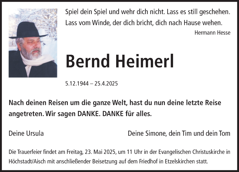  Traueranzeige für Bernd Heimerl vom 17.05.2025 aus Erlanger Nachrichten Lokal