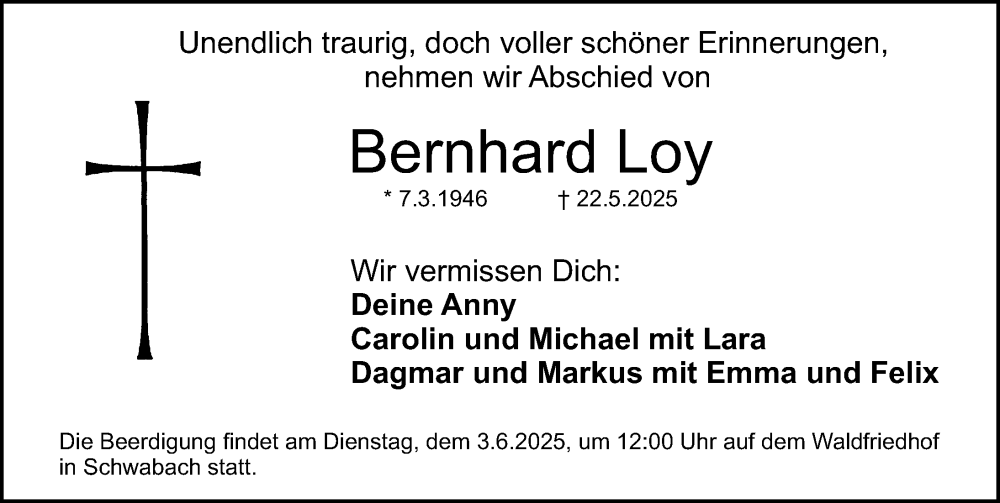  Traueranzeige für Bernhard Loy vom 31.05.2025 aus Schwabacher Tagblatt Lokal