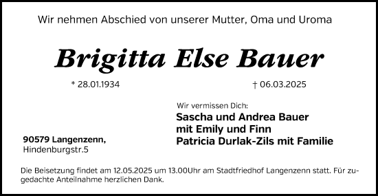 Traueranzeige von Brigitta Else Bauer von Fürther Nachrichten Lokal
