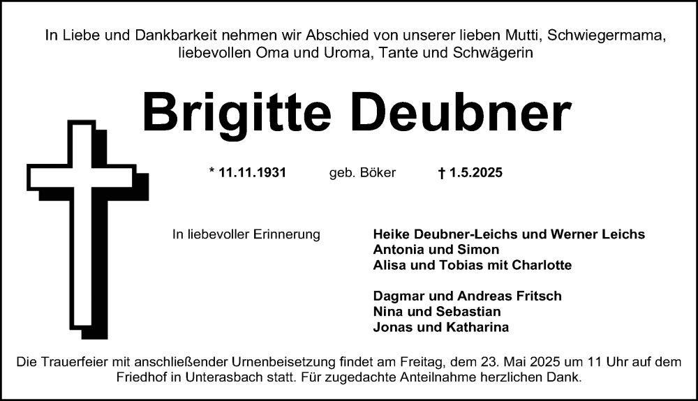  Traueranzeige für Brigitte Deubner vom 17.05.2025 aus Fürther Nachrichten/ Gesamtausgabe Nürnberger Nachrichten/ Nürnberger Ztg.