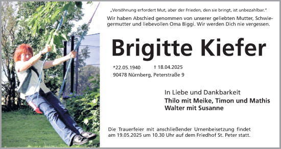 Traueranzeige von Brigitte Kiefer von Gesamtausgabe Nürnberger Nachrichten/ Nürnberger Ztg.