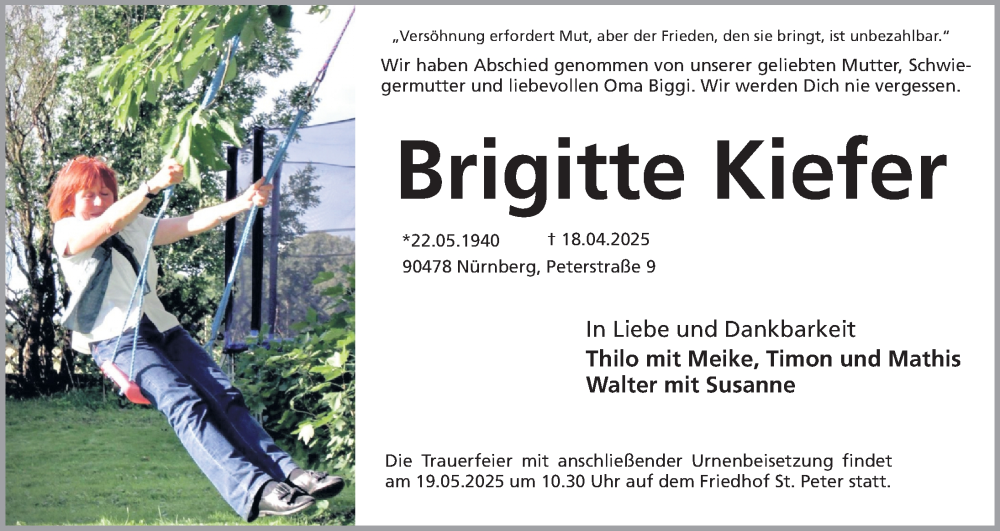  Traueranzeige für Brigitte Kiefer vom 17.05.2025 aus Gesamtausgabe Nürnberger Nachrichten/ Nürnberger Ztg.