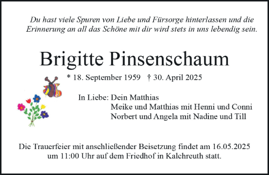 Traueranzeige von Brigitte Pinsenschaum von Gesamtausgabe Nürnberger Nachrichten/ Nürnberger Ztg.