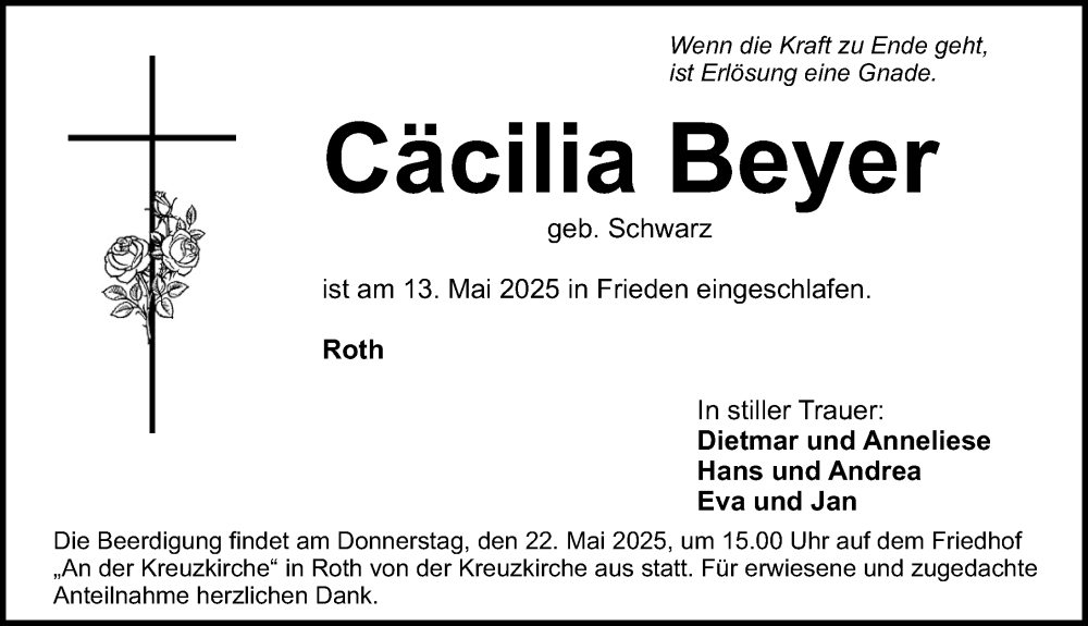 Traueranzeige für Cäcilia Beyer vom 17.05.2025 aus Roth-Hilpoltsteiner Volkszeitung Lokal