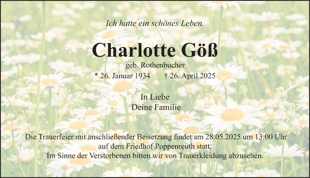  Traueranzeige für Charlotte Göß vom 17.05.2025 aus Gesamtausgabe Nürnberger Nachrichten/ Nürnberger Ztg.