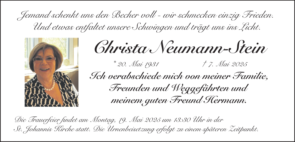  Traueranzeige für Christa Neumann-Stein vom 17.05.2025 aus Gesamtausgabe Nürnberger Nachrichten/ Nürnberger Ztg.