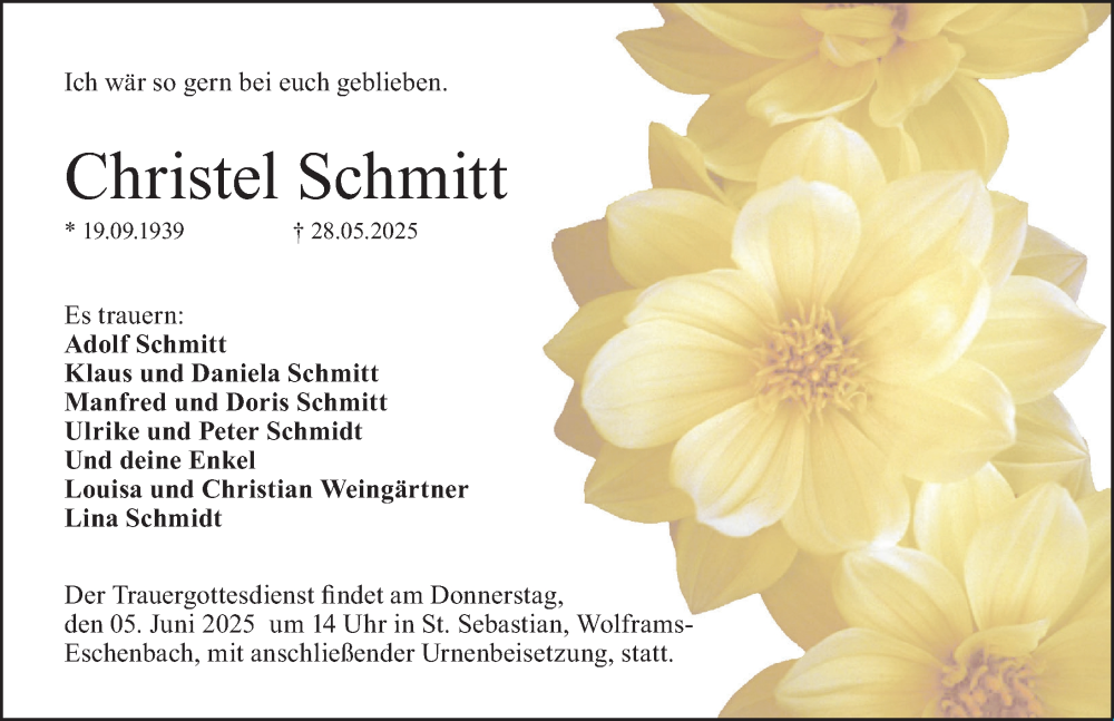  Traueranzeige für Christel Schmitt vom 31.05.2025 aus Altmühl-Bote Lokal