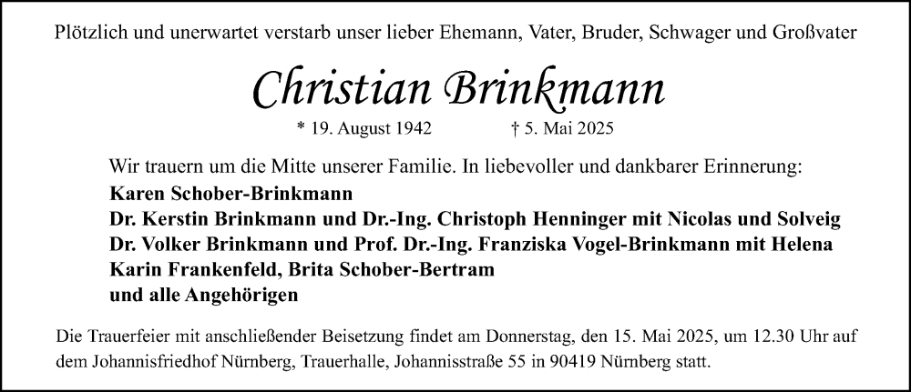  Traueranzeige für Christian Brinkmann vom 10.05.2025 aus Gesamtausgabe Nürnberger Nachrichten/ Nürnberger Ztg.