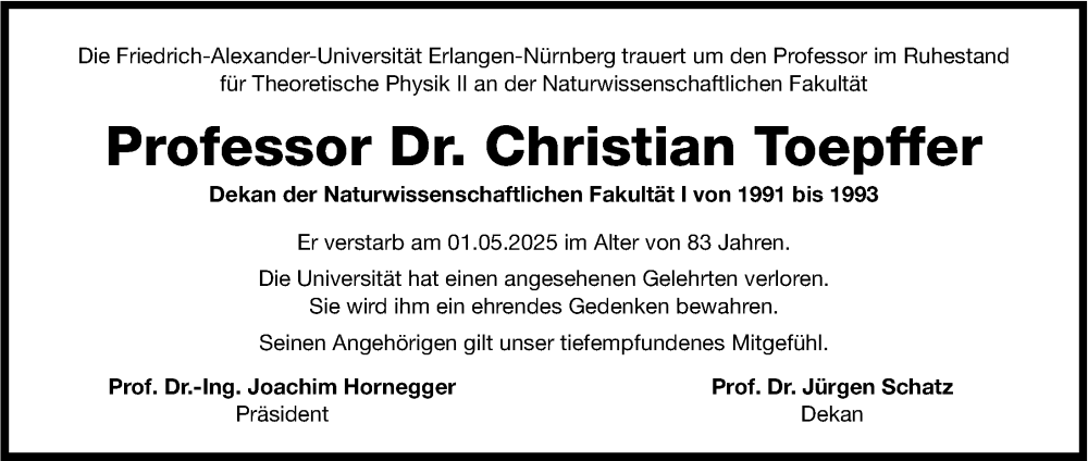  Traueranzeige für Christian Toepffer vom 13.05.2025 aus Gesamtausgabe Nürnberger Nachrichten/ Nürnberger Ztg.