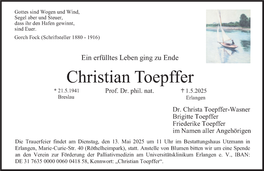  Traueranzeige für Christian Toepffer vom 10.05.2025 aus Erlanger Nachrichten/ Gesamtausgabe Nürnberger Nachrichten/ Nürnberger Ztg.